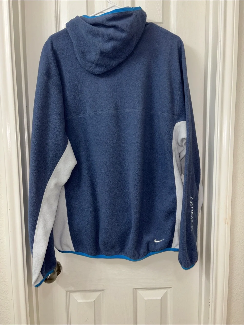 Nike ACG Navy Blue Fleece Crewneck with Light Gray Panels and Bright Blue Trim